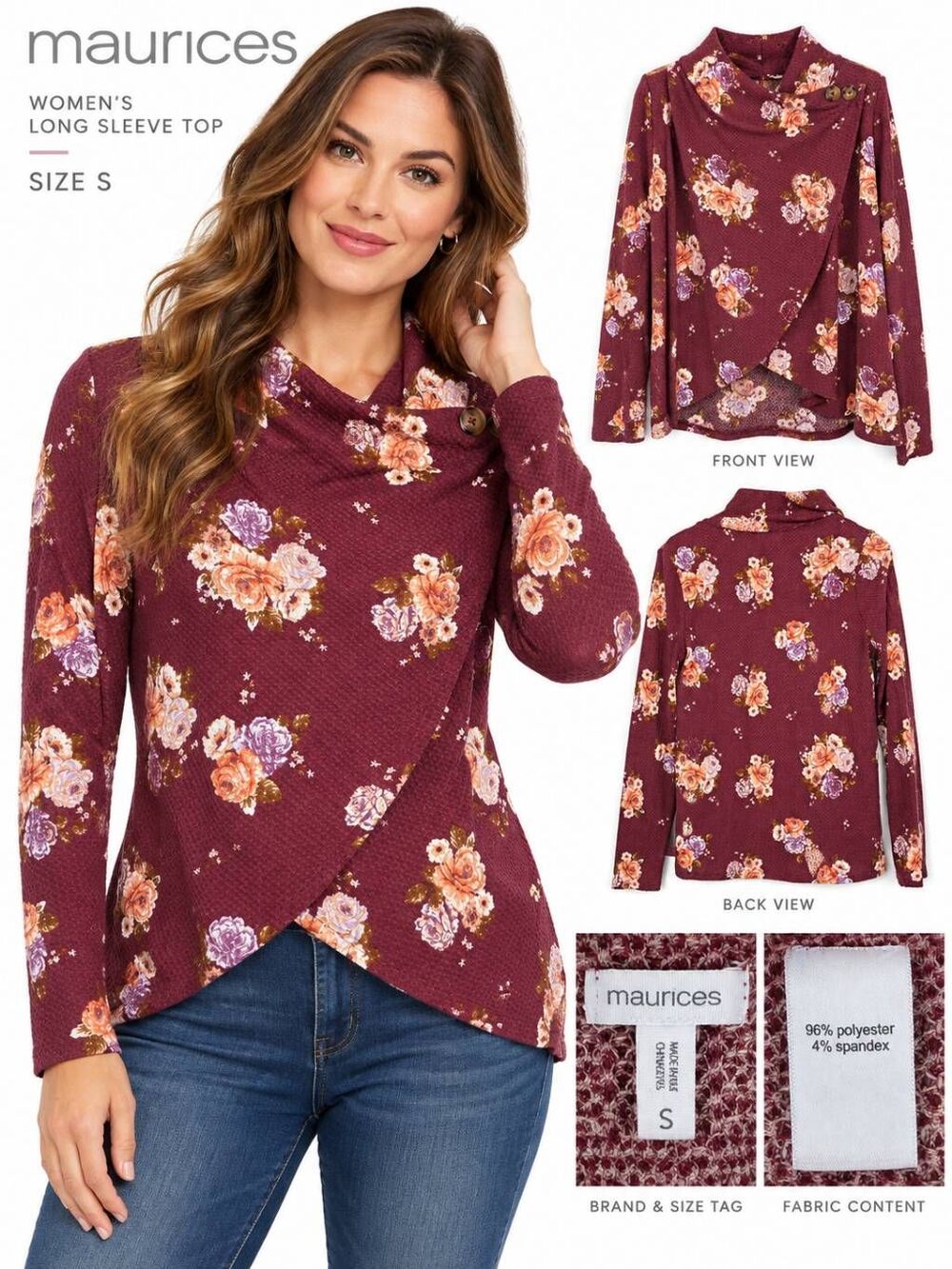 Maurices S Burgundy Floral Wrap Front Cowl Neck Top